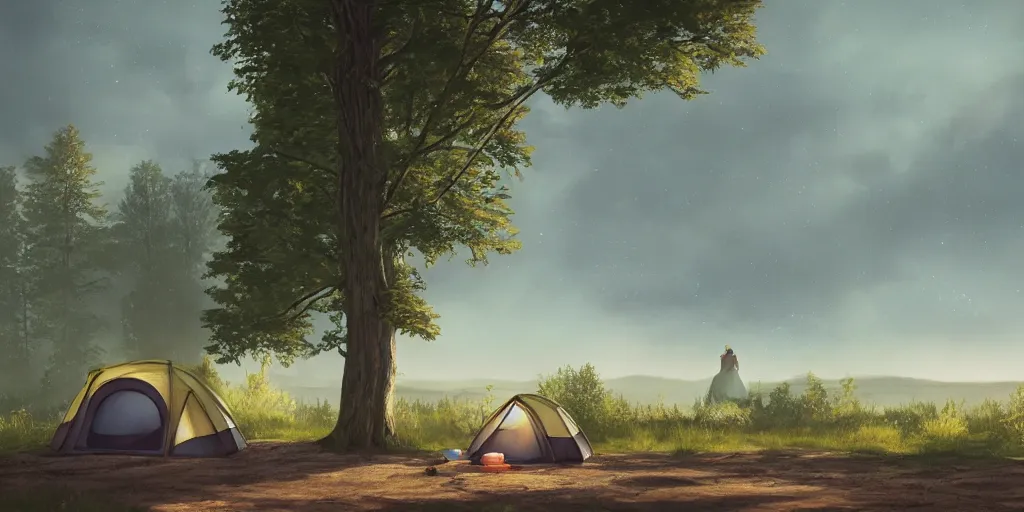 Prompt: looking out a porthole car window to see two women camping, elegant scene, low angle, wide angle, indian forest, wide angle, cinematic, ultrarealistic, trending on artstation, cgsociety, highly detailed, color graded, rendered in unreal engine 4 k hq, matte painting, by simon stalenhag and hudson river school, horizon forbidden west