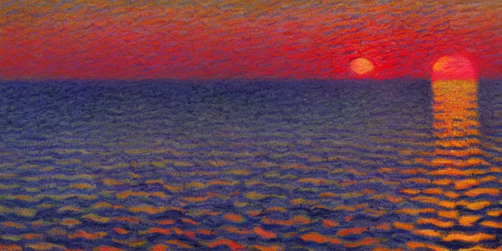 Image similar to An aesthetically pleasing, dynamic, energetic, lively, well-designed digital art of a sunset, beach, ship on horizon, light and shadow, caustics, by Claude Monet, superior quality, masterpiece, excellent use of negative space.