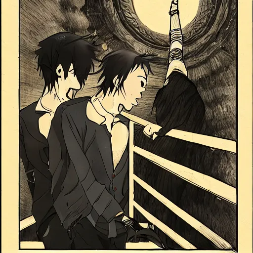 Image similar to two young men, one man human, one man vampire, night, on a birdge anime style