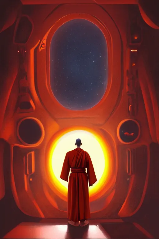 Image similar to portrait of a monk in a spaceship, window, nebula, orange robe, dramatic lighting, artstation, matte painting, ralph mcquarrie