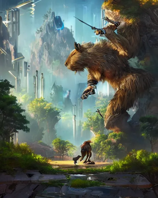 Image similar to magical beaver cyborg in futuristic metropolis, giant trees, clean streets, inspired by horizon zero dawn, trending on artstation, art by richard dumont, leon tukker