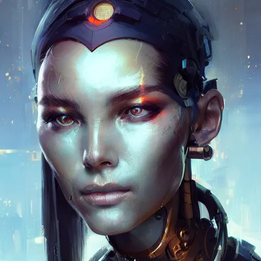 Image similar to a beautiful portrait of a cyborg goddess by greg rutkowski and raymond swanland, trending on artstation, ultra realistic digital art