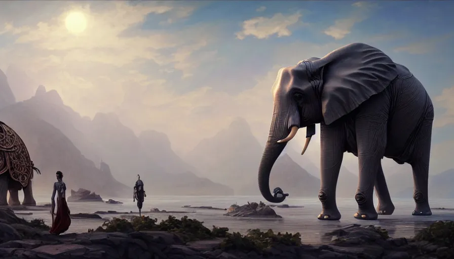 Image similar to a hybrid robot elephant, on socotra island, intricate, elegant action scene, an epic fantasy, artgerm and greg rutkowski and alphonse mucha, an epic fantasy, volumetric light, detailed, establishing shot, an epic fantasy, cinematic, photorealistic, ultrarealistic, trending on art station, octane render