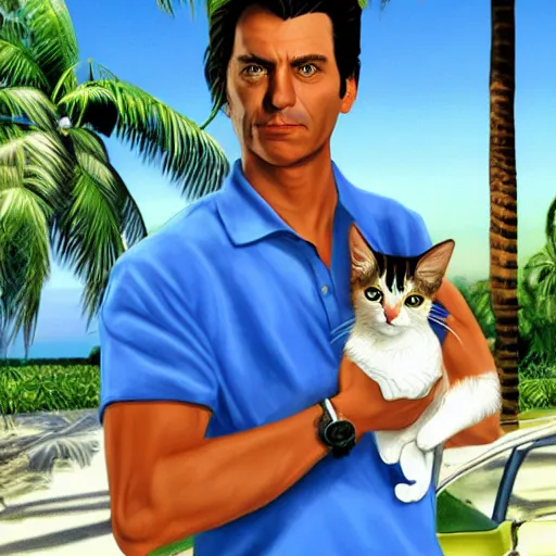 Image similar to Tommy vercetti holding a cat highly detailed portrait photo