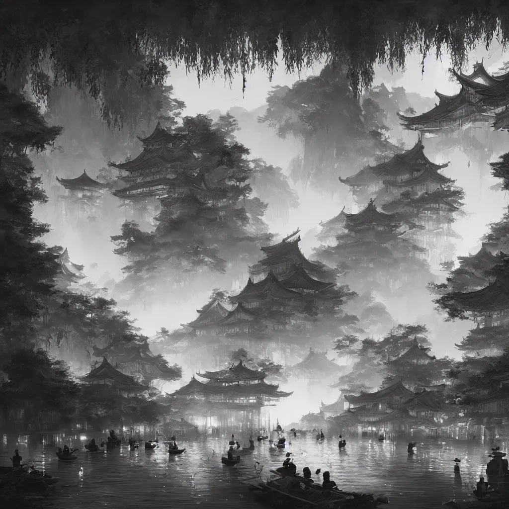 Prompt: grand river lantern festival, chinese ink painting style, trending on artstation, global illumination, radiant light, art by wlop and greg rutkowski,, detailed and intricate environment, 8 k