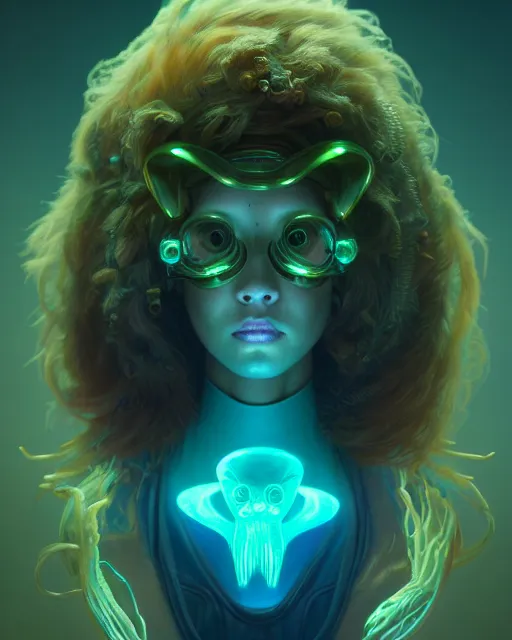 Image similar to one singular portrait of a cute bioluminescent creature, pulp scifi, highly detailed, digital painting, moody cinematic lighting, hyperrealism, dark retrowave, art by stanley lau and artgerm and magali villeneuve and alphonse mucha, artstation, octane render, cgsociety