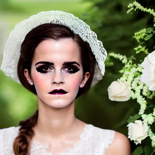 Prompt: wearing raybands wall full body fashion model emma watson smokey eyes makeup eye shadow fantasy, glow, shimmer as victorian woman in a long white frilly lace dress and a large white hat having tea in a sunroom filled with flowers, roses and lush fern flowers ,intricate, night, highly detailed, dramatic lighting , high quality