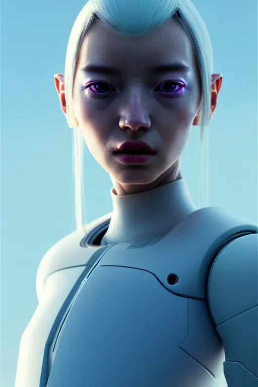 Image similar to upright and straight android women, scifi, futuristic design, bae suzy, long white hair, character design, cinematic lighting, highly detailed, by beeple, goro fujita, smooth gradient.