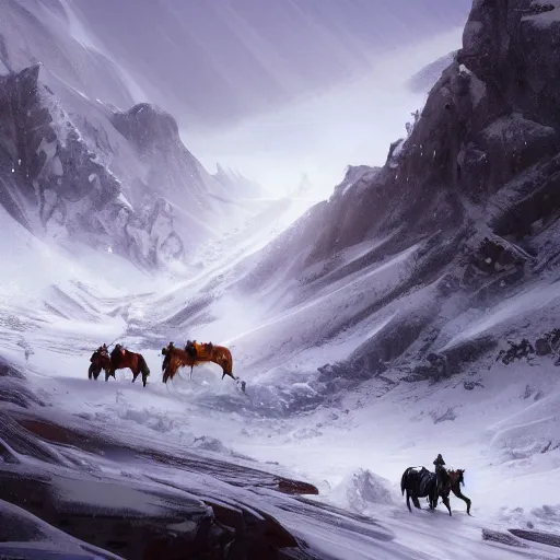 Prompt: Landscape of snowy mountains where we can perceive in the distance two riders on horses crossing the snow, snow storm, highly detailed, digital painting, artstation, concept art, illustration, art by Bayard Wu and Marc Simonetti