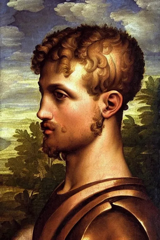 Image similar to renaissance painting of man, short blonde hair, thoughtful face, emotions closeup, dressed in roman armour, the beautiful garden with olive leaves, ultra detailed, art by Guido Reni style, Vincenzo Catena style