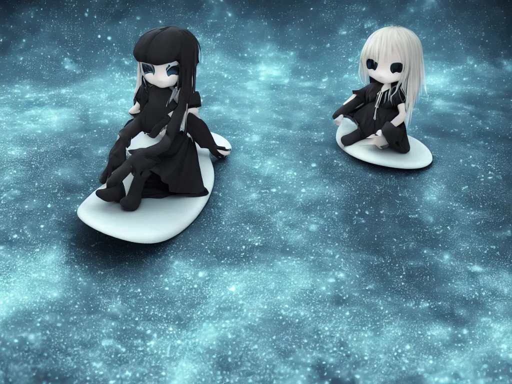 Prompt: cute fumo plush gothic maiden alien girl sitting on a surfboard in the waves of the dark galactic abyss, tattered ragged dress, ocean waves and reflective splashing water, vignette, vray