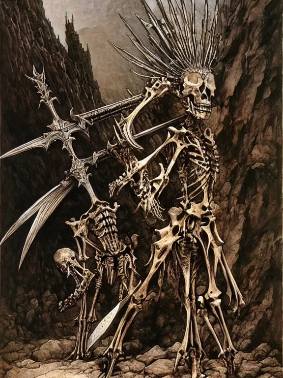 Prompt: A spiked horned semihuman skeleton with armored joints stands in a large cave with sword in hand. Massive shoulderplates. Extremely high detail, realistic, fantasy art, solo, masterpiece, bones, ripped flesh, saturated colors, art by Zdzisław Beksiński, Arthur Rackham, Dariusz Zawadzki