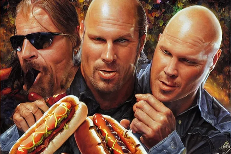 Prompt: portrait of wwf shawn michaels and wwf steve austin sharing hotdogs, an oil painting by ross tran and thomas kincade