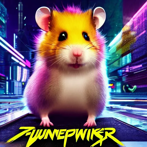 Image similar to hamster with rainbow fur in the style of cyberpunk 2 0 7 7, 8 k, hd, light reflection