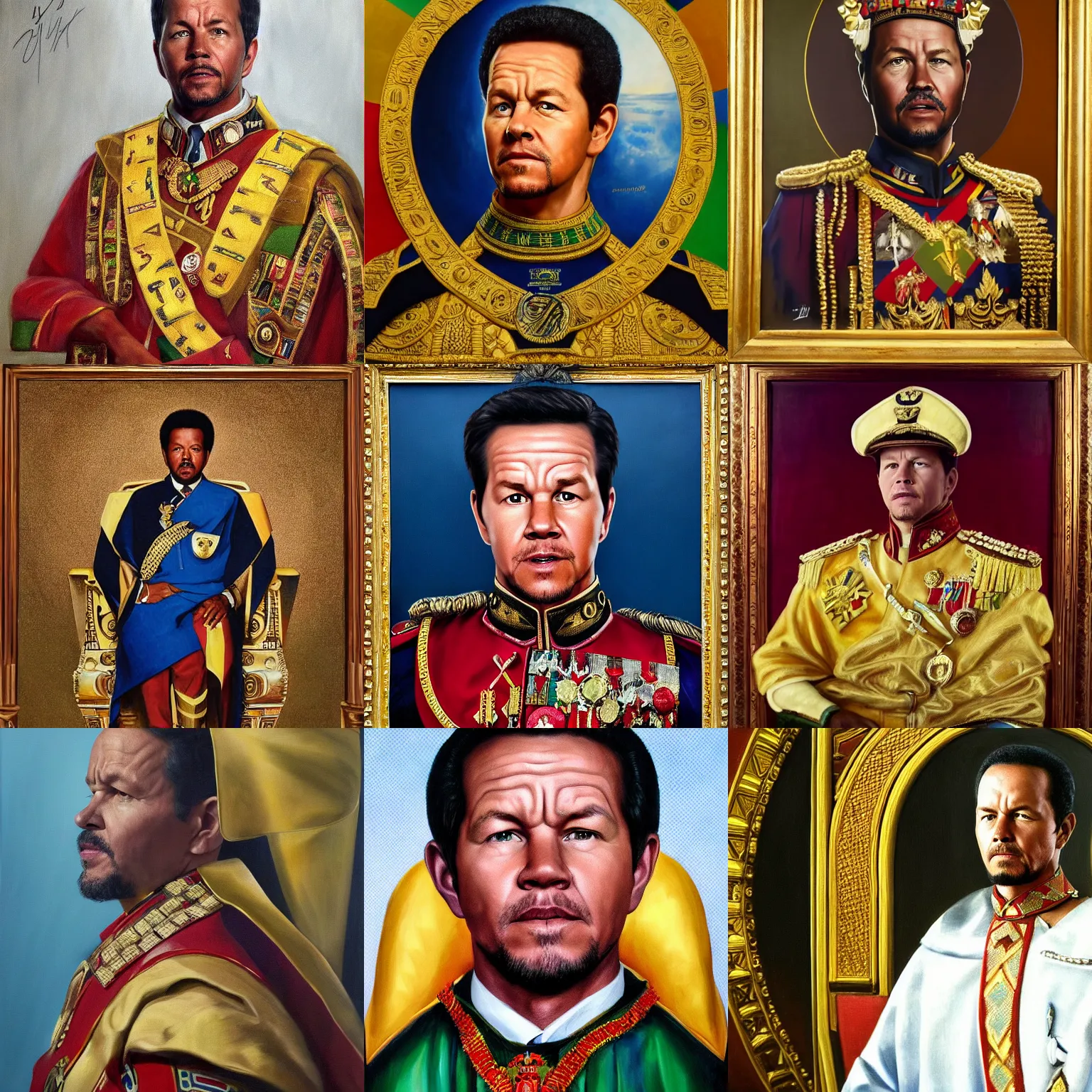 Prompt: official portrait of mark wahlberg as the emperor of ethiopia, 1 9 6 5. oil on canvas trending on artstation