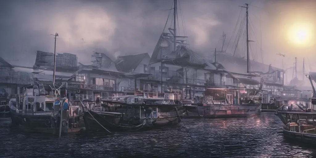 Prompt: seafood market, superwide angle, light through the mist, dramatic lighting, photorealistic, cinematic lighting, high detail, cinematic feel, high octane, 4K, Unreal Engine, digital render, intricate, ultra realistic