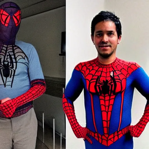 Image similar to Peruvian man wearing Spiderman suit from neck down, uncovered face