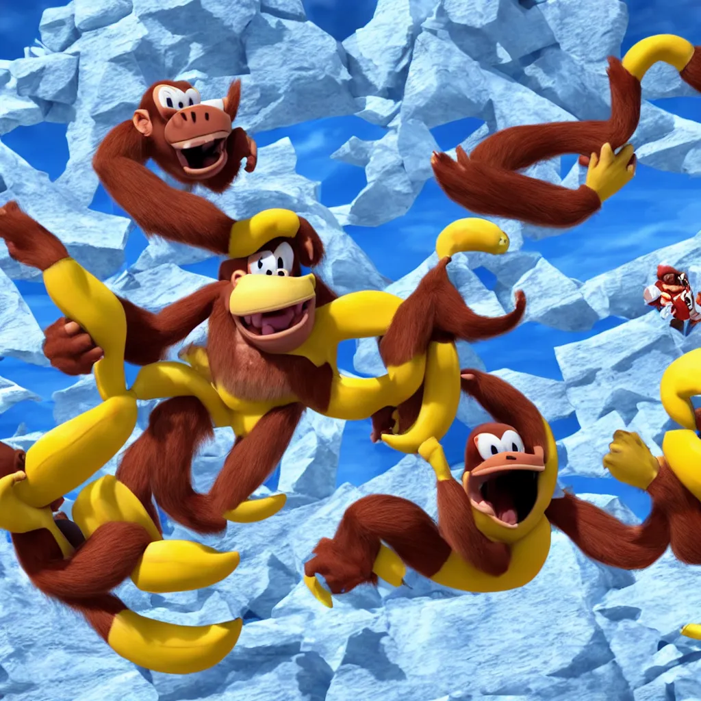 Prompt: donkey kong eating a banana in antarctica fighting sonic the hedgehog, unreal engine, 4 k, ray - tracing,