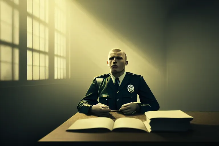 Prompt: an ultra realistic, cinematic photograph of a male prison guard, sat at a desk, fire, dramatic, soft light, dreamy, facial features, detailed, deep focus, movie still, dramatic lighting, ray tracing, by anton semenov and yoshitaka