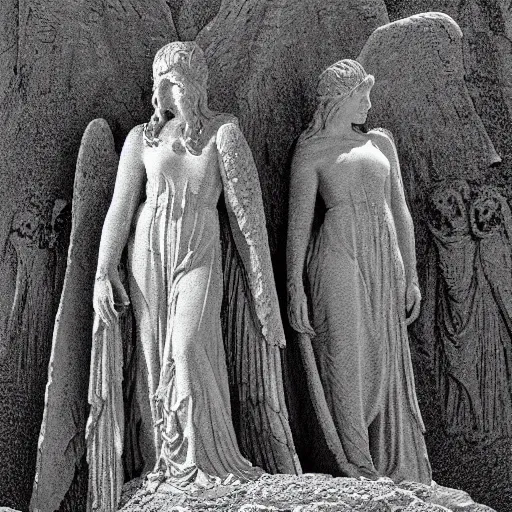 Prompt: weeping angel statues in the mohave desert, high detail, dramatic light, illustration by gustave dore