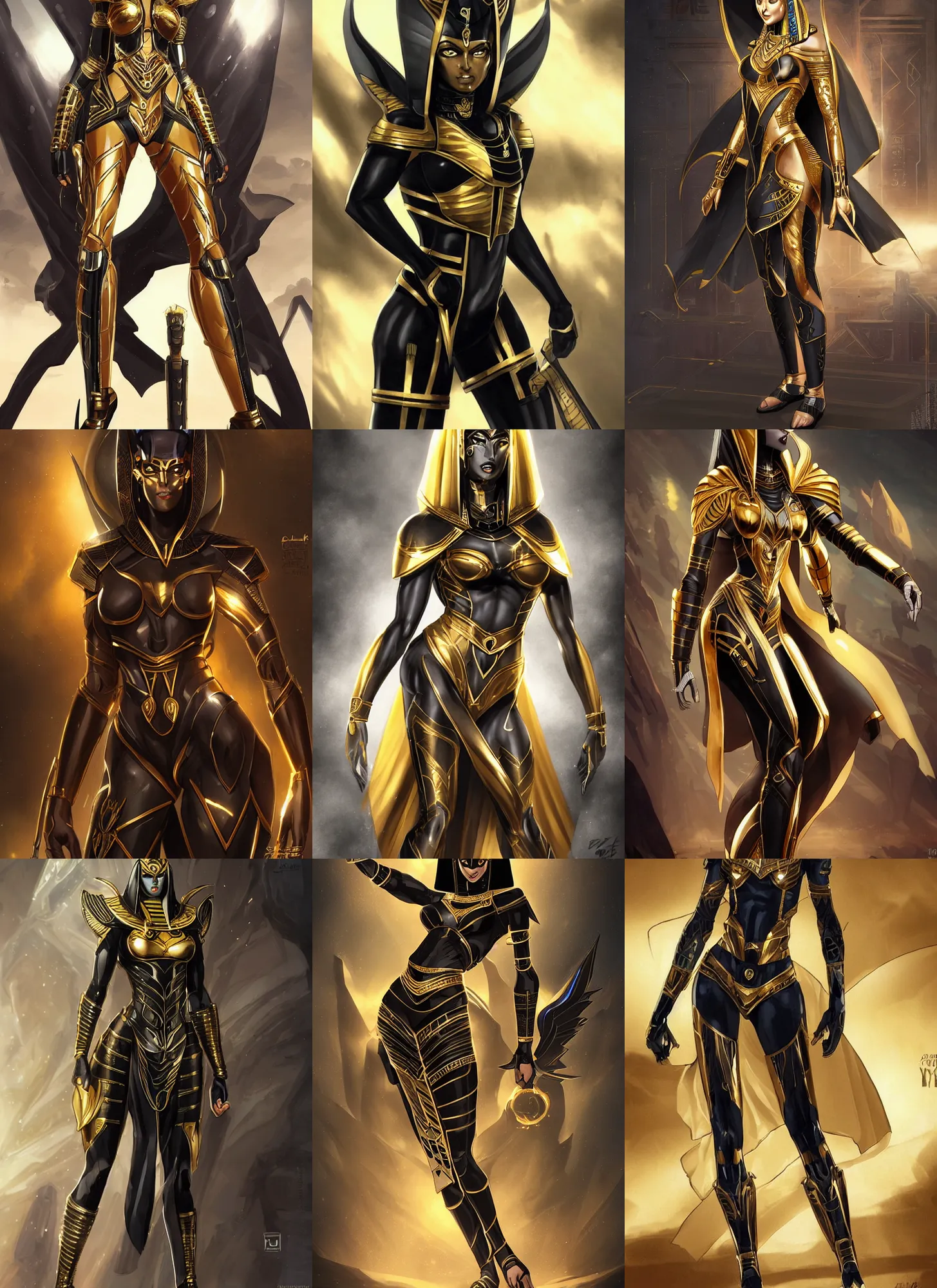 Prompt: female egyptian god anubis wearing black and gold cybertech armor. buxom, wide hips, character design by charlie bowater, ross tran, artgerm, and makoto shinkai, detailed, inked, western comic book art