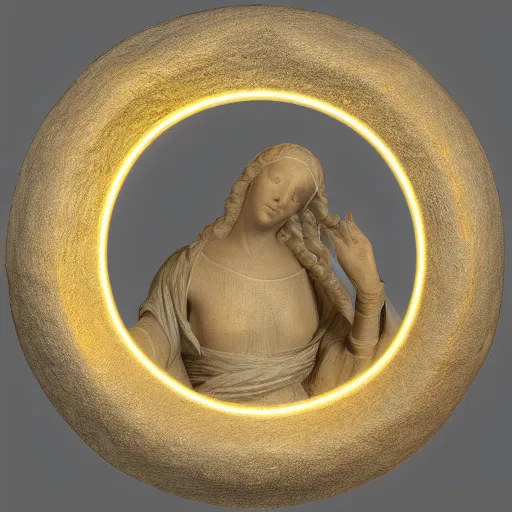 Image similar to a neon circle around the head of a renaissance statue, 3 d render