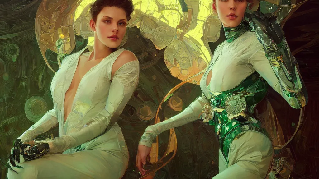 Image similar to Portrait of very very very very very very beautiful woman, spacesuit, green eyes, intricate, elegant, highly detailed, digital painting, artstation, concept art, smooth, sharp focus, illustration, art by felix kelly and greg rutkowski and alphonse mucha