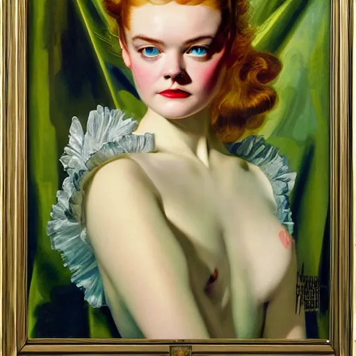 Prompt: Elle Fanning fighting a green ghost, retro-futurism, horror, by J. C. Leyendecker and Peter Paul Rubens, Extremely detailed. 8K. Award winning.
