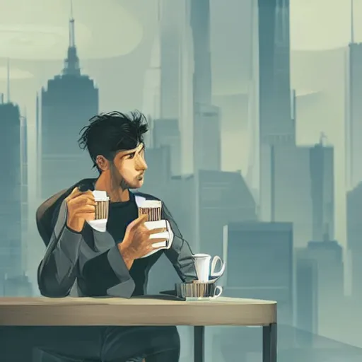 Image similar to handsome startup CEO having a cup of coffee. sci-fi cyberpunk!!!!!!!! concept art