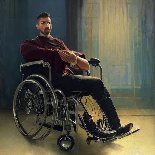 Image similar to handsome portrait of a wheelchair guy fitness posing, radiant light, caustics, war hero, one legged amputee, surrounded by hibiscus, by gaston bussiere, bayard wu, greg rutkowski, giger, maxim verehin