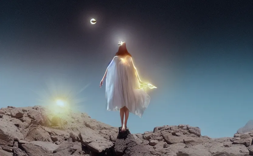 Image similar to levitating woman with fractal mirror dress with white flowers and golden mask inside a thick black smoke in rocky desert landscape, solar eclipse in the sky, burning earth by gaspar noe and christopher doyle, anamorphic lens, anamorphic lens flares, kodakchrome, cinematic composition, practical effects, award winning photo, 8 k