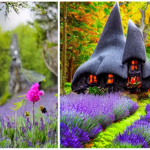 Image similar to a witch cottage made of candy, magical forest, lavender mist, floral, photography by ansel adams