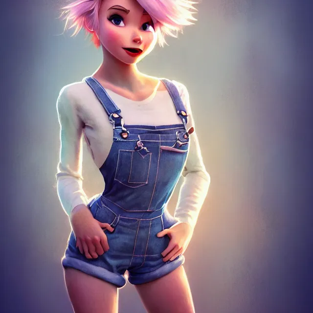 Image similar to full body pose, beautiful adult fairy, pixar, short white hair shaved sides, dirty, grungy, grunge, long sleeve, painted overalls, stacks of giant books, highly detailed, 4 k, hdr, smooth, sharp focus, high resolution, award - winning photo, artgerm, photorealistic