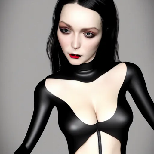 Prompt: portrait of a young supple feminine elegant pale goth woman with black and curvy tight black nylon outfit, cgsociety, realistic, highly detailed, attractive, 16k, smooth, sharp focus, trending on ArtStation, hyperdetailed, volumetric lighting