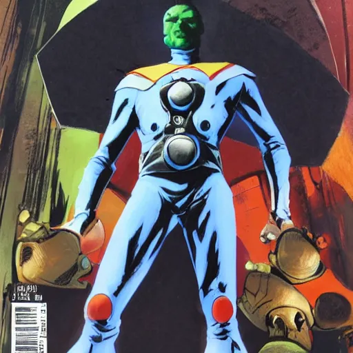 Image similar to Alex Ross and Sergio Bleda and Jérémy Petiqueux and Alex Maleev artwork of a portrait of a boy super scientest in a scace suit exoskelton costume