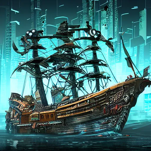 Prompt: an epic looking cyberpunk pirate ship, highly detailed digital art