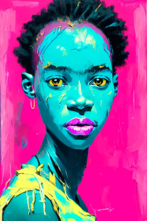 Image similar to portrait of a stylized african young lady, painted in acrylic, pigment textures, wet paint, in the colors hot pink and cyan, beautiful realistic face, rule of thirds, spotlight, by greg rutkowski, by jeremy mann, by francoise nielly, by van gogh, by ross tran, in focus