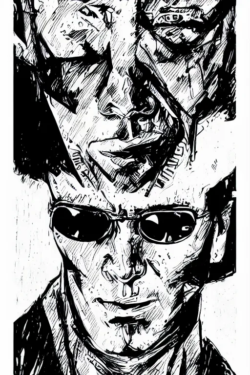 Image similar to jim carrey in the matrix, a page from cyberpunk 2 0 2 0, style of paolo parente, style of mike jackson, adam smasher, johnny silverhand, 1 9 9 0 s comic book style, white background, ink drawing, black and white