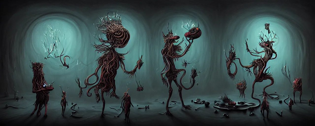 Image similar to whimsical alchemical creatures, surreal dark uncanny painting by ronny khalil