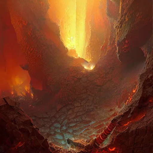 Prompt: the ground opening up to reveal flames in a chasm by Marc Simonetti