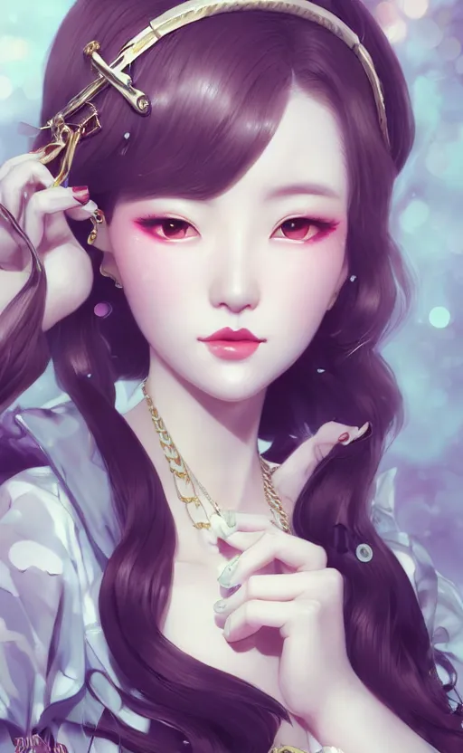 Image similar to a pin up and beautiful fashion charming dreamlke korea girl with lv jewelry, character art, art by artgerm lau and kyoung hwan kim and and ilya kuvshinov and john singer sargent, hyperdetailed, 8 k realistic, symmetrical, frostbite 3 engine, cryengine, dof, trending on artstation, digital art