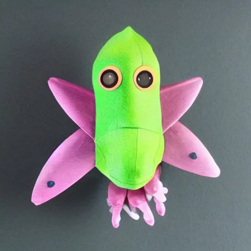 Image similar to a humanoid stop motion rosy maple moth squid hybrid puppet designed by tim burton