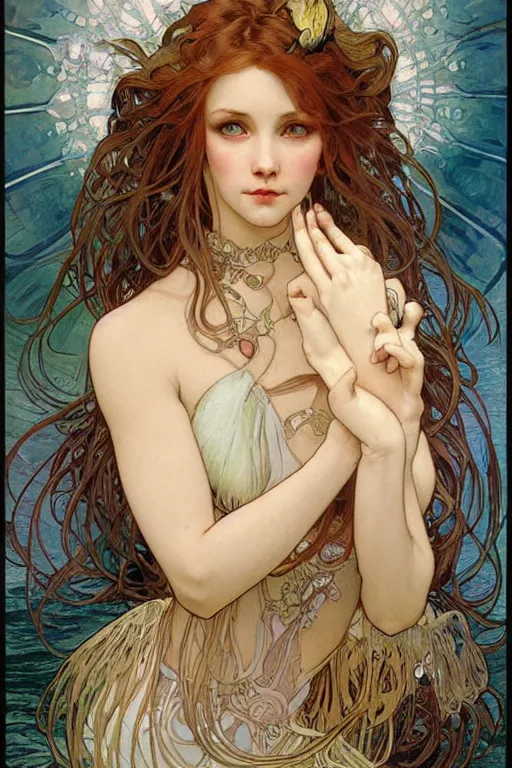 Prompt: realistic detailed face portrait of Mermaid Eloise Webb, by Alphonse Mucha, Ayami Kojima, Amano, Charlie Bowater, Karol Bak, Greg Hildebrandt, Jean Delville, and Mark Brooks, Art Nouveau, Neo-Gothic, gothic, rich deep colors