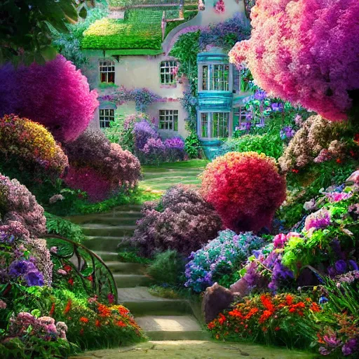 beautiful fantasy english mansion flower garden, | Stable Diffusion