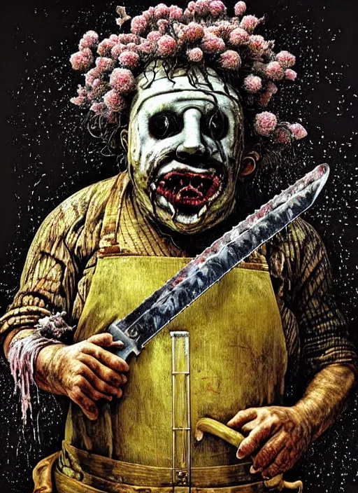 Prompt: hyper detailed 3d render like a Oil painting - Leatherface (the texas chainsaw massacre) seen Eating of the Strangling network of yellowcake autochrome and milky Fruit and His rugged Hands hold a chainsaw, cutting through the gossamer polyp blossoms that bring iridescent fungal flowers whose spores black the foolish stars by Jacek Yerka, Mariusz Lewandowski, Houdini algorithmic generative render, Abstract brush strokes, Masterpiece, Edward Hopper and James Gilleard, Zdzislaw Beksinski, Mark Ryden, Wolfgang Lettl, hints of Yayoi Kasuma, octane render, 8k