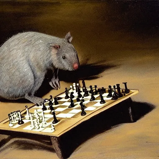 Prompt: wombat playing chess in pringle bay in style of goya