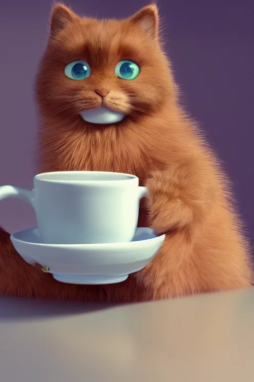 Prompt: fluffly cat holding white teacup with kitchen in background, full body. pixar disney 4 k 3 d render funny animation movie oscar winning trending on artstation and behance, ratatouille style