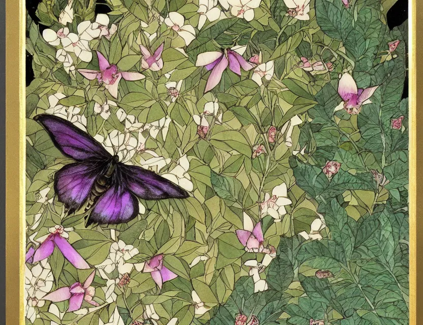 Prompt: faerie hawkmoth in the garden of the palace. this watercolor and gold leaf work by the award - winning mangaka has a beautiful composition and intricate details.