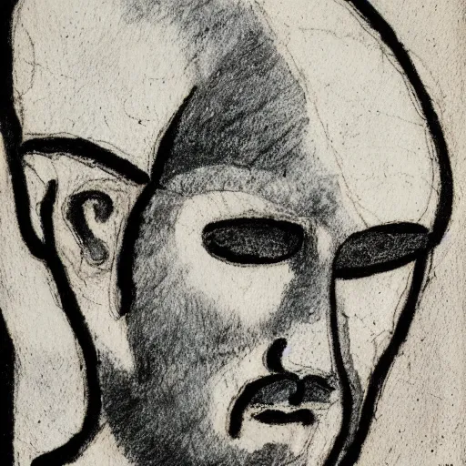 Image similar to portrait of bald short - bearded man with round face, small eyebrows and kind blue eyes, minimalictic black and white art brut, ink, pencil