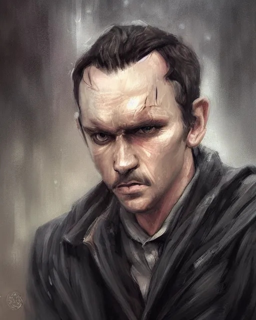 Prompt: artstation artgerm cgsociety portrait painting of a very sad white man with widows peak hairline sitting in the rain on a park bench at night, with a beard and short light brown hair, frowning and eyes full of tears crying
